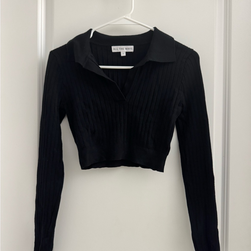 Black Polo Collar Ribbed Long Sleeve Crop Top